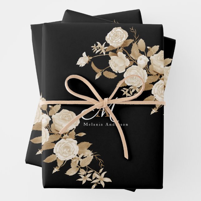 Feuille De Papier Cadeau Élégant Monogramme noir Rose or (En situation)