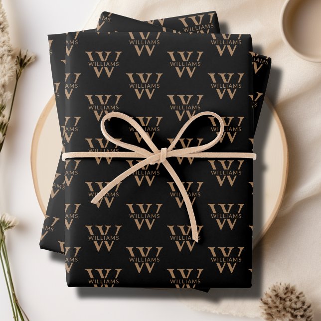 Feuille De Papier Cadeau Élégant Monogramme personnalisé Nom Black personna (Elegant Personalized Monogram Name Custom Black Wrapping Paper Sheets)