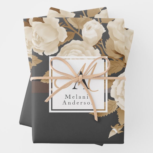 Feuille De Papier Cadeau Élégant Monogramme Rose Gold Grey (En situation)
