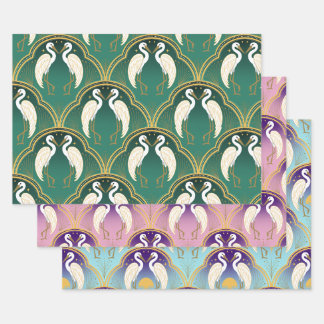 Feuille De Papier Cadeau Élégant Motif de grue Art Déco