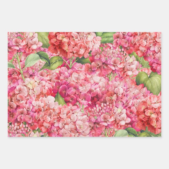Feuille De Papier Cadeau Élégant Motif d'Hydrangée rose florale (Devant 3)