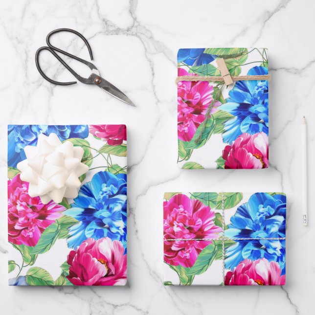 Feuille De Papier Cadeau Élégant Motif Floral Bleu & Rose Hydrangea  (Recto)