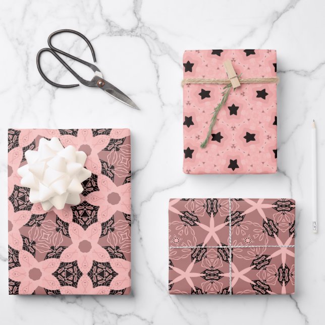 Feuille De Papier Cadeau Elégant Motif Floral & Star dans les tons bleus (Recto)