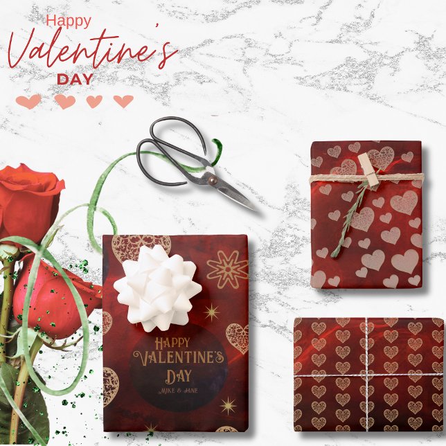 Feuille De Papier Cadeau Élégant Motif Red Gold Hearts Valentine (Elegant Pattern Red Gold Hearts Valentine Wrapping Paper Sheets)