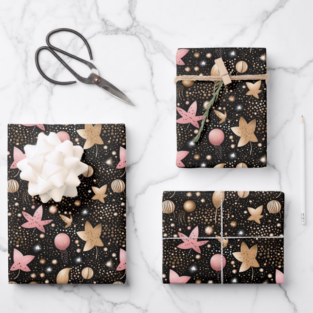 Feuille De Papier Cadeau Élégant motif rose étoile (Recto)