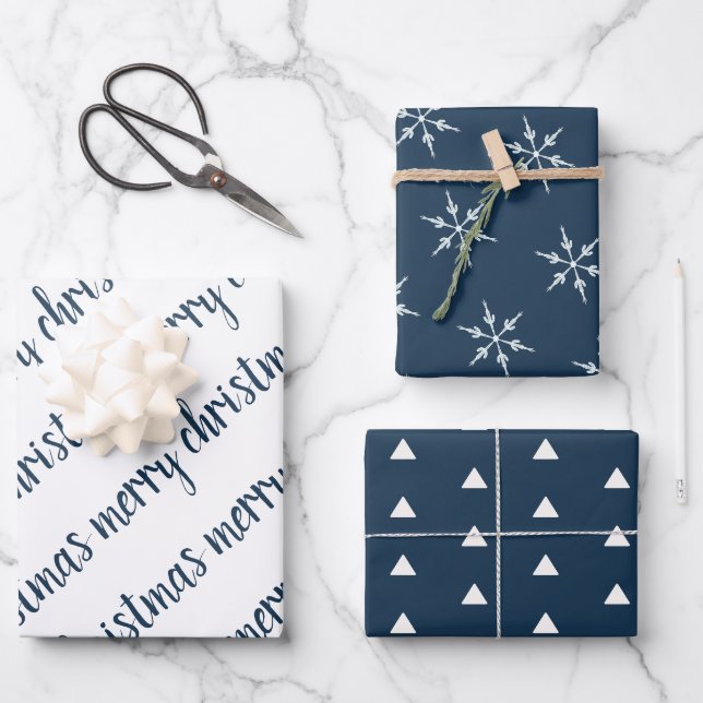Feuille De Papier Cadeau Élégant Noël bleu ivoire Joyeux (Recto)