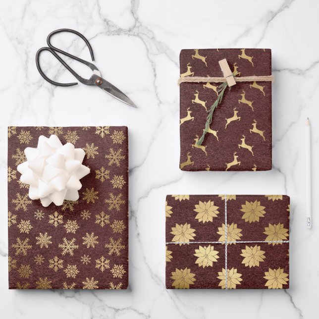 Feuille De Papier Cadeau Elégant Noël Gold Burgundy Kraft    (Recto)