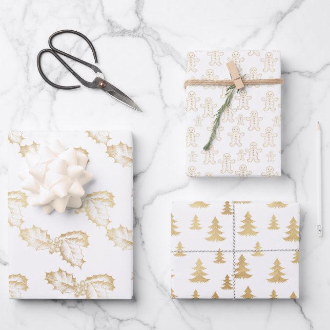 Feuille De Papier Cadeau Élégant Noël or et blanc (Recto)