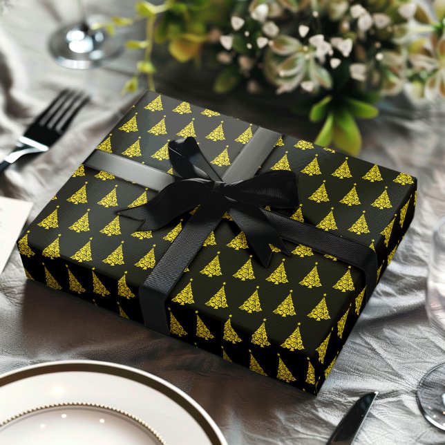 Feuille De Papier Cadeau Elégant noir blanc Noël Arbre Motif Cadeau (Christmas tree pattern black wrapping sheet mock up)