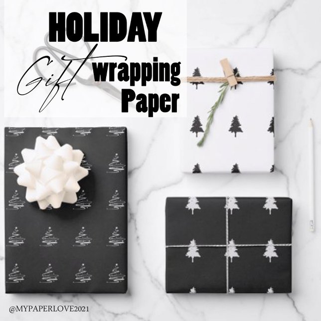Feuille De Papier Cadeau Elégant noir blanc Noël Arbre Motif Cadeau (Créateur téléchargé)