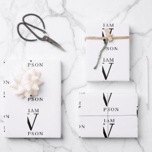 Feuille De Papier Cadeau Élégant Noir & Blanc Nom Monogramme