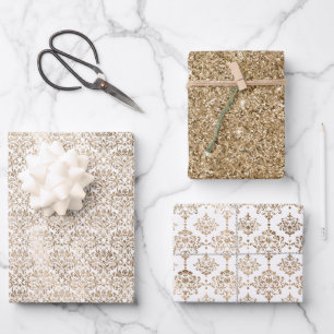Feuille De Papier Cadeau Elégant or blanc Chic Damask