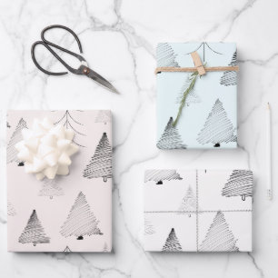 Feuille De Papier Cadeau Elégant Pastel Colors Main dessinée Arbres de Noël