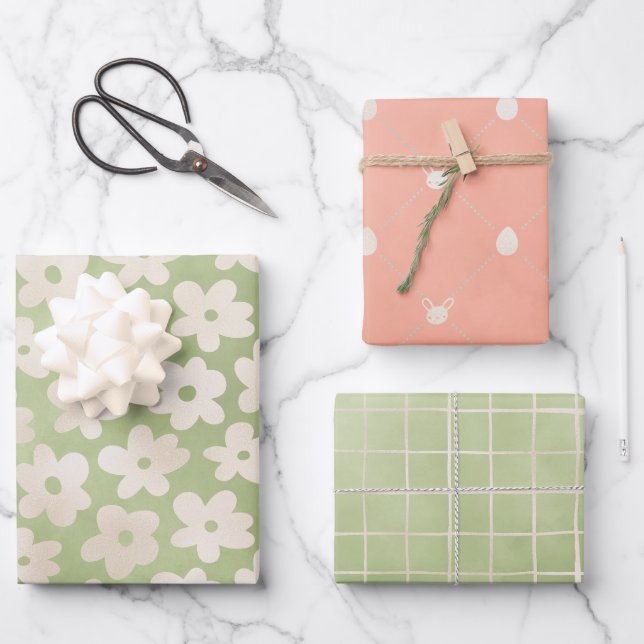 Feuille De Papier Cadeau Elégant Pastel Daisy Bunny Fleur Printemps Pâques (Recto)