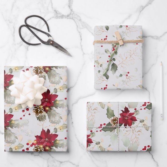 Feuille De Papier Cadeau Elégant Poinsettia & Eucalyptus Parties scintillan (Recto)