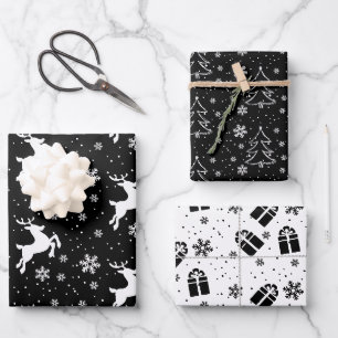 Feuille De Papier Cadeau Élégant renne noir blanc & sapin de Noël