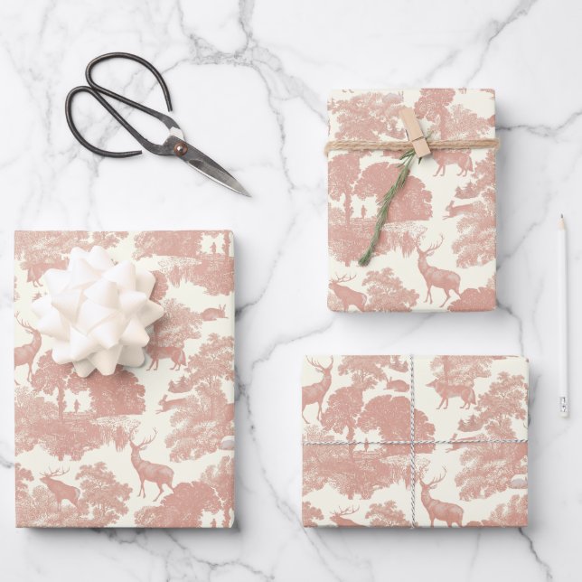 Feuille De Papier Cadeau Elégant Rose Dusty chic Toile Deer Woodland (Recto)