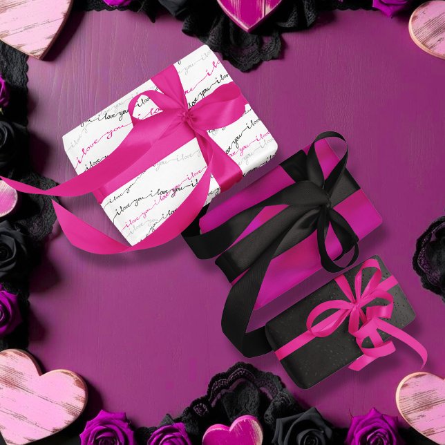 Feuille De Papier Cadeau Elégant rose, noir, et je t'aime Valentine's (Elegant Pink, Black, and I Love You Valentine's Wrapping Paper Sheets)