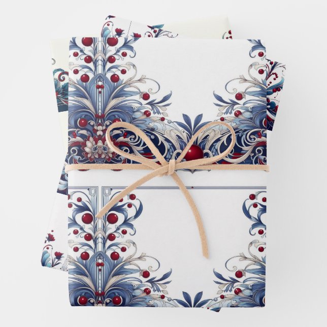Feuille De Papier Cadeau Elégant rouge et bleu (En situation)