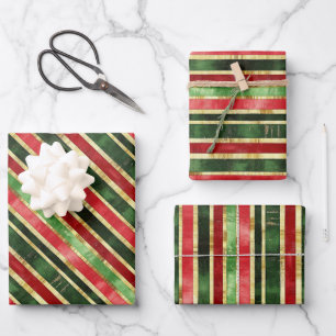 Feuille De Papier Cadeau Élégant Rouge Or Grilles vertes Noël