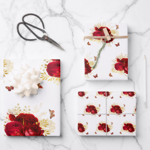 Feuille De Papier Cadeau Elégant Rouge Roses Butterfly Gold