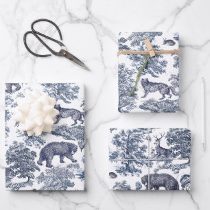 Feuille De Papier Cadeau Élégant Rustique Blue Forest Animaux Toile