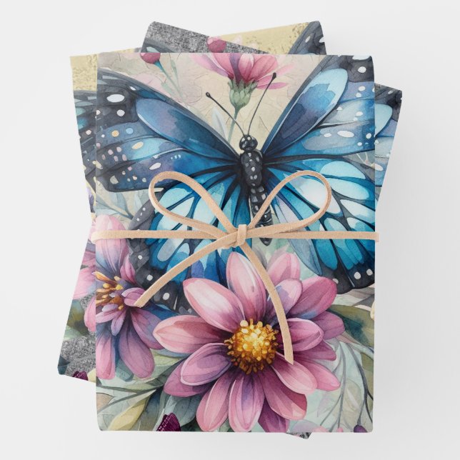 Feuille De Papier Cadeau Élégant Shabby Chic Floral & Papillons (En situation)