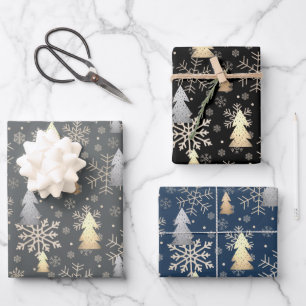 Feuille De Papier Cadeau Élégant Snowflakes Gold & Silver Christmas Tree 