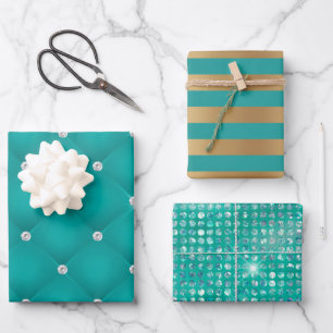 Feuille De Papier Cadeau Elégant Turquoise Gold Stripes Parties scintillant