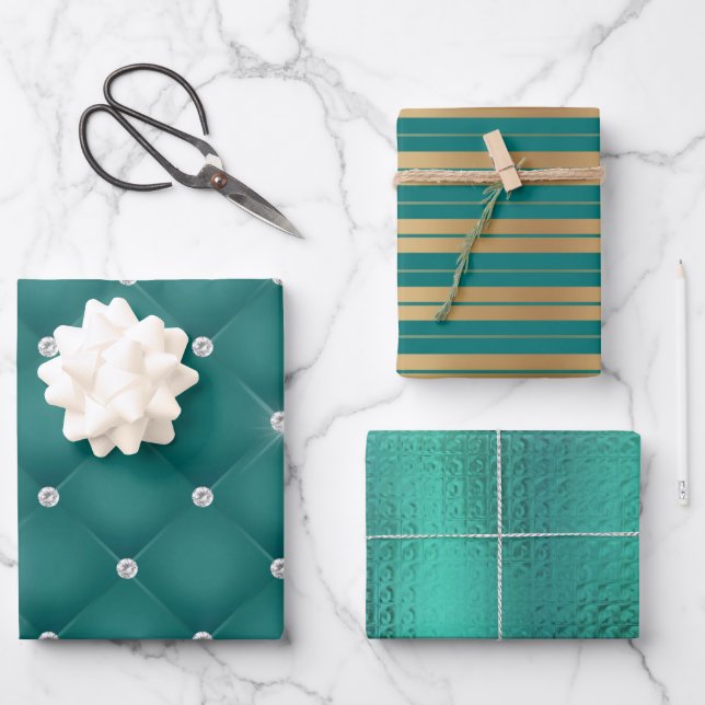 Feuille De Papier Cadeau Élégant Vert Gold Stripes Metallic Cadeau (Recto)