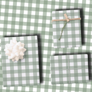 Feuille De Papier Cadeau Élégant Vert Sauge et Gingham de Noël Blanc