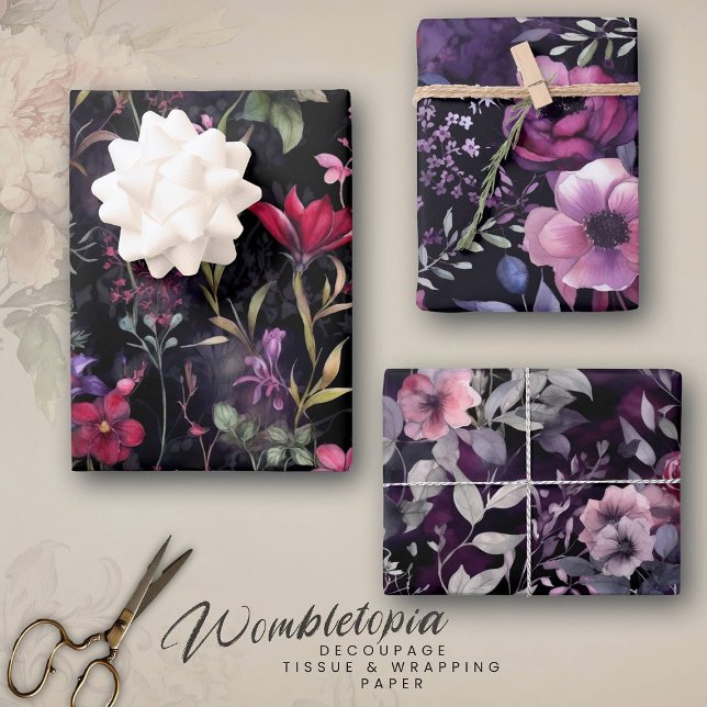 Feuille De Papier Cadeau Élégant Victorien foncé violet floral | Découpage (Créateur téléchargé)
