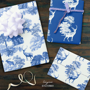 Feuille De Papier Cadeau Elégant Vintage Bleu Français Pays Toile Deer