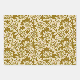 Feuille De Papier Cadeau Élégant Vintage Floral Turquoise, Bleu, moutarde