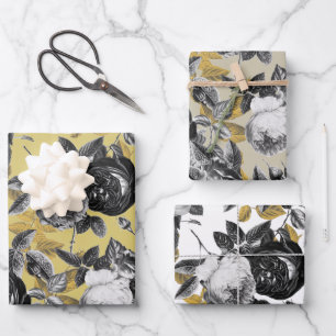 Feuille De Papier Cadeau Elégant Vintage Noir Blanc Or Beige Rose Floral