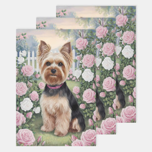 Feuille De Papier Cadeau Elégant Yorkshire Terrier Jardin Rose Découpage