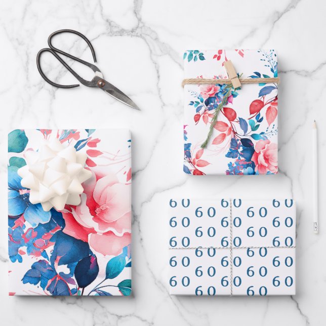 Feuille De Papier Cadeau Elégante aquarelle chic Floral 60e anniversaire (Recto)