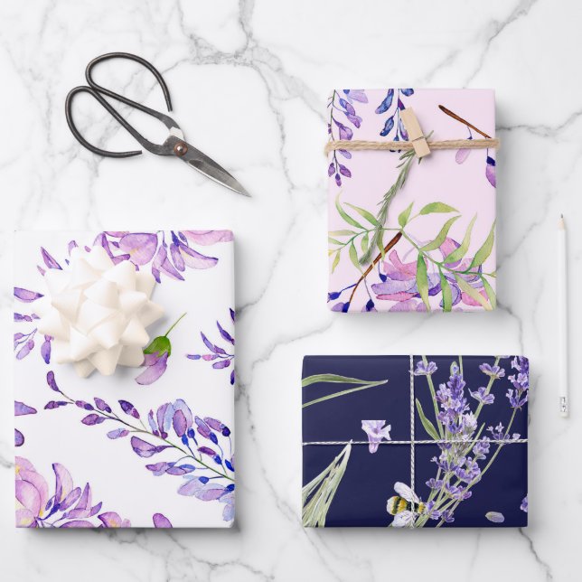 Feuille De Papier Cadeau Élégante aquarelle Lavande florale (Recto)
