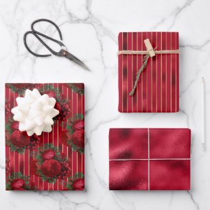 Feuille De Papier Cadeau Élégante bande florale métallique rouge