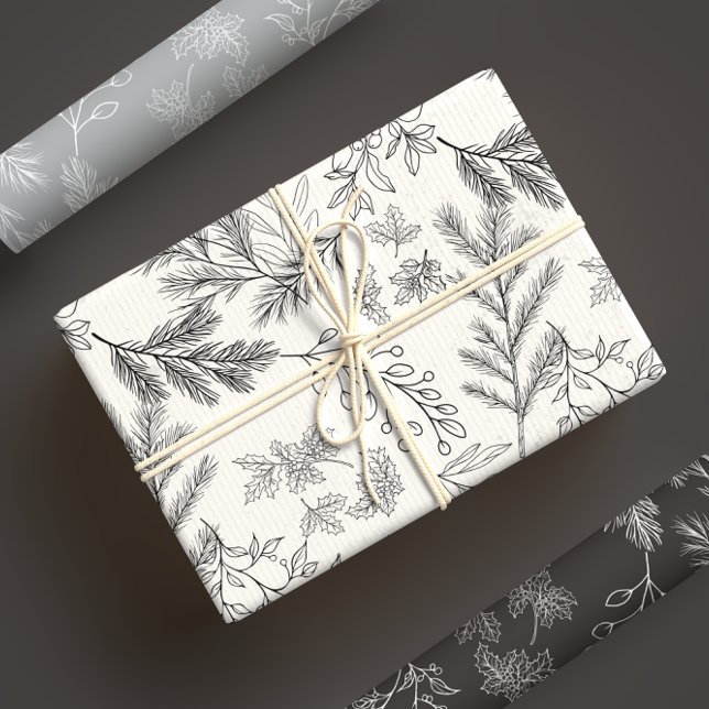 Feuille De Papier Cadeau Élégante Botanique d'hiver noir et blanc monochrom (Créateur téléchargé)