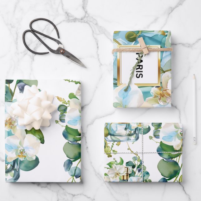 Feuille De Papier Cadeau Élégante bouteille de parfum avec orchidée blanche (Recto)