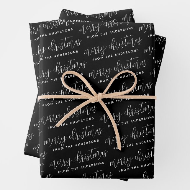 Feuille De Papier Cadeau Élégante calligraphie Joyeux Noël Famille Noir (En situation)