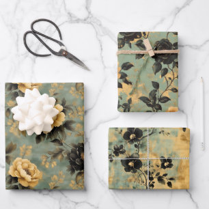 Feuille De Papier Cadeau Elégante Crème Vintage et Flore noire sur Sage Gre