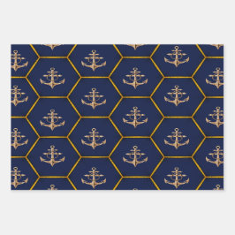Feuille De Papier Cadeau Elégante Marine Nautique & Or