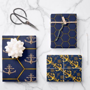 Feuille De Papier Cadeau Elégante Marine Nautique & Or