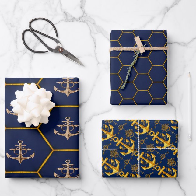 Feuille De Papier Cadeau Elégante Marine Nautique & Or (Recto)