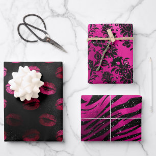 Feuille De Papier Cadeau Elégante Parties scintillant rose et noire Motifs 