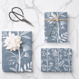 Feuille De Papier Cadeau Élégante silhouette florale bleu poussiéreux