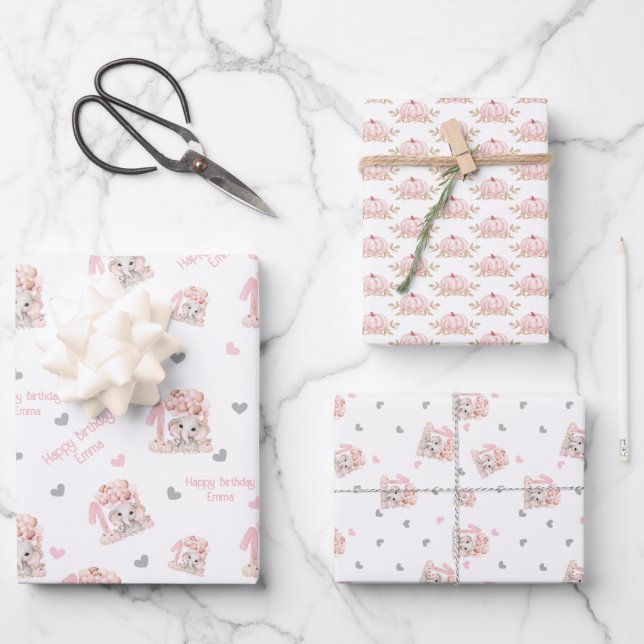 Feuille De Papier Cadeau Elephant Automne 1er Anniversaire Fille Nom person (Recto)