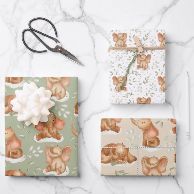 Feuille De Papier Cadeau Eléphant Bébé mignon (Recto)